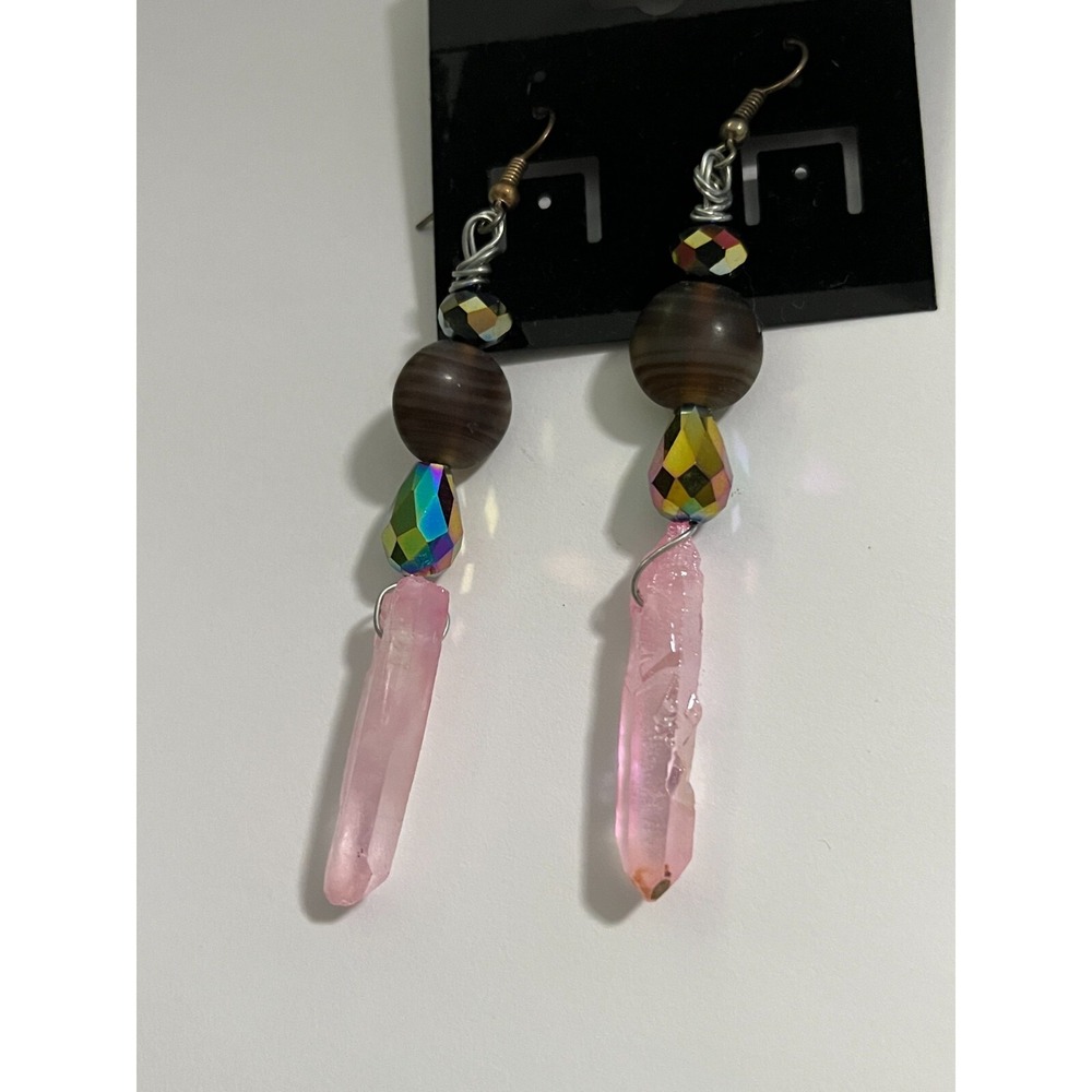 Handmade pink crystal earrings jewelry‎ bohemian fairy pierced ears New rainbow